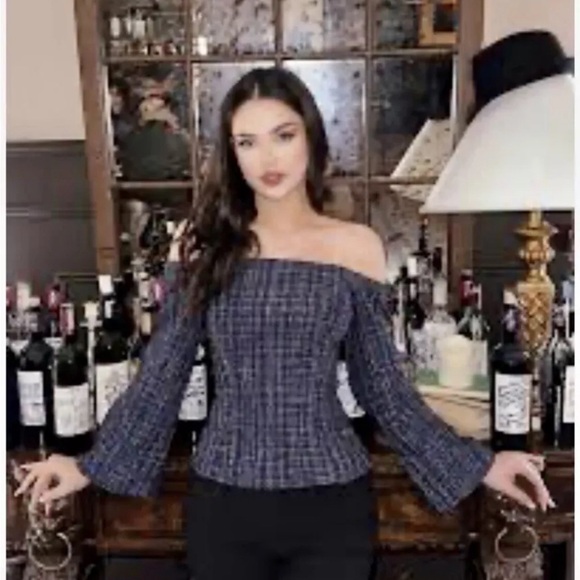 Zara Blue Tweed Textured Off the Shoulder Top - Picture 3 of 9